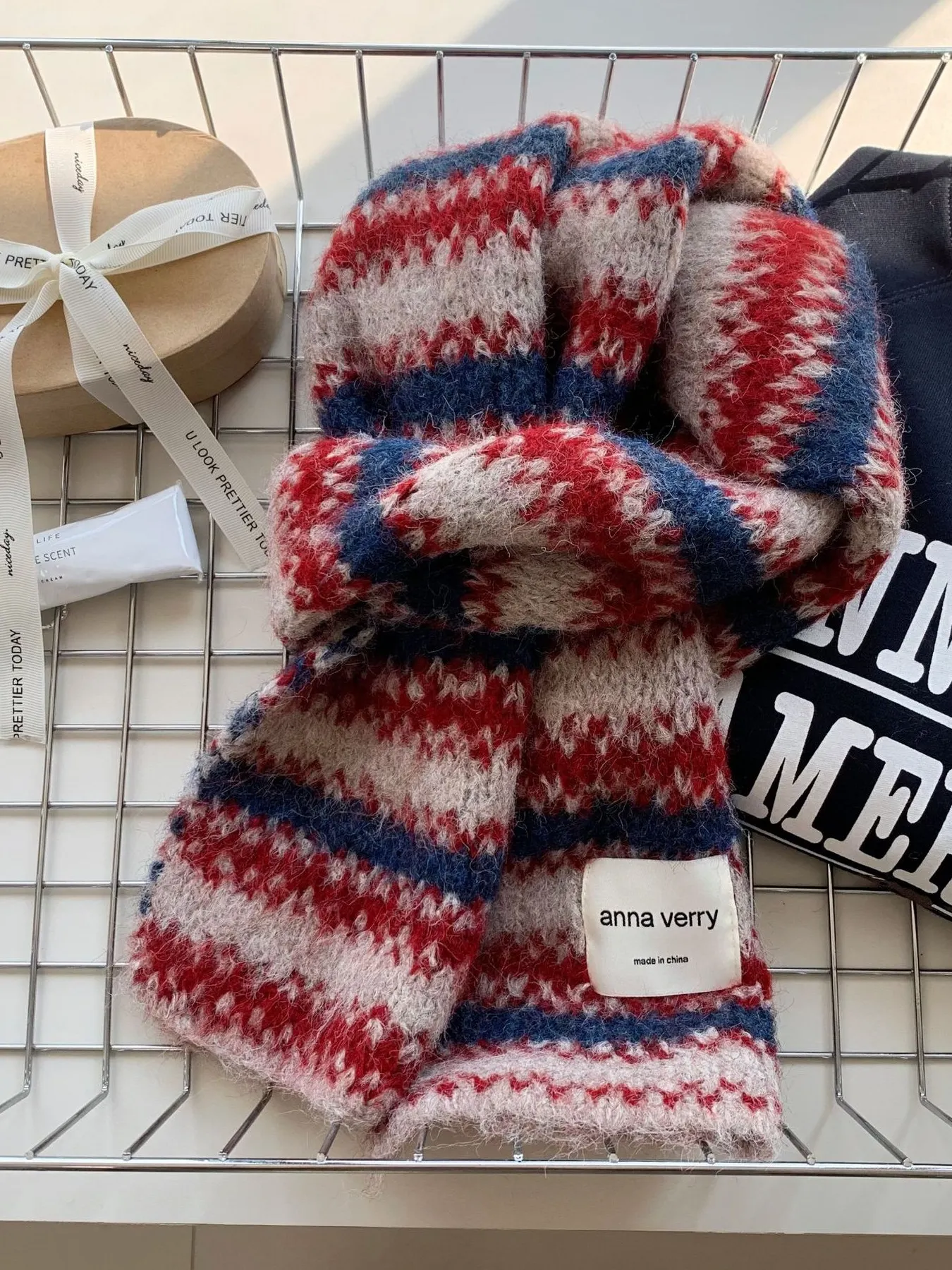 Striped Knitted Warm Scarf - Deep Red