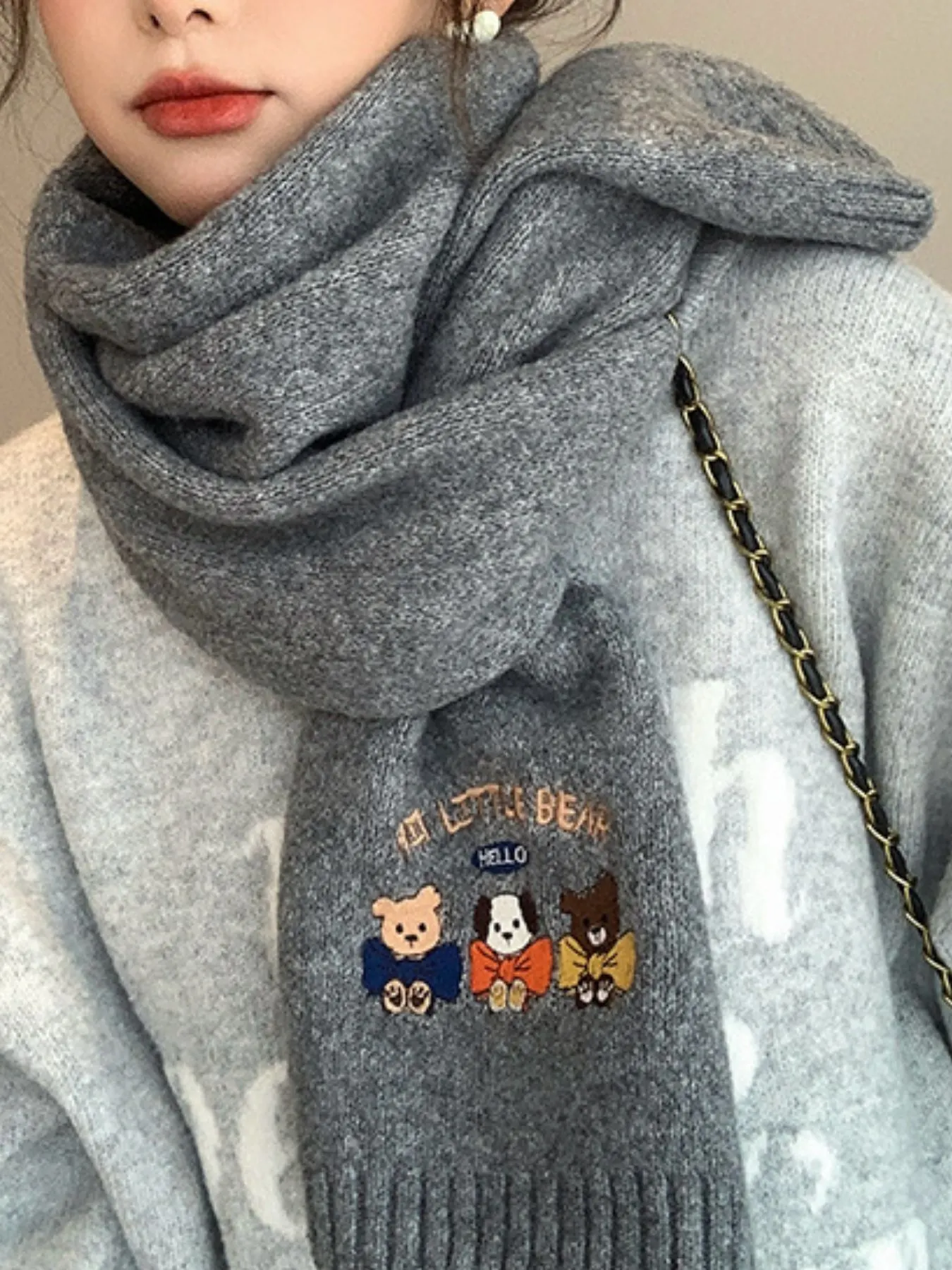 Embroidered Cartoon Warm Scarf - Dark Gray
