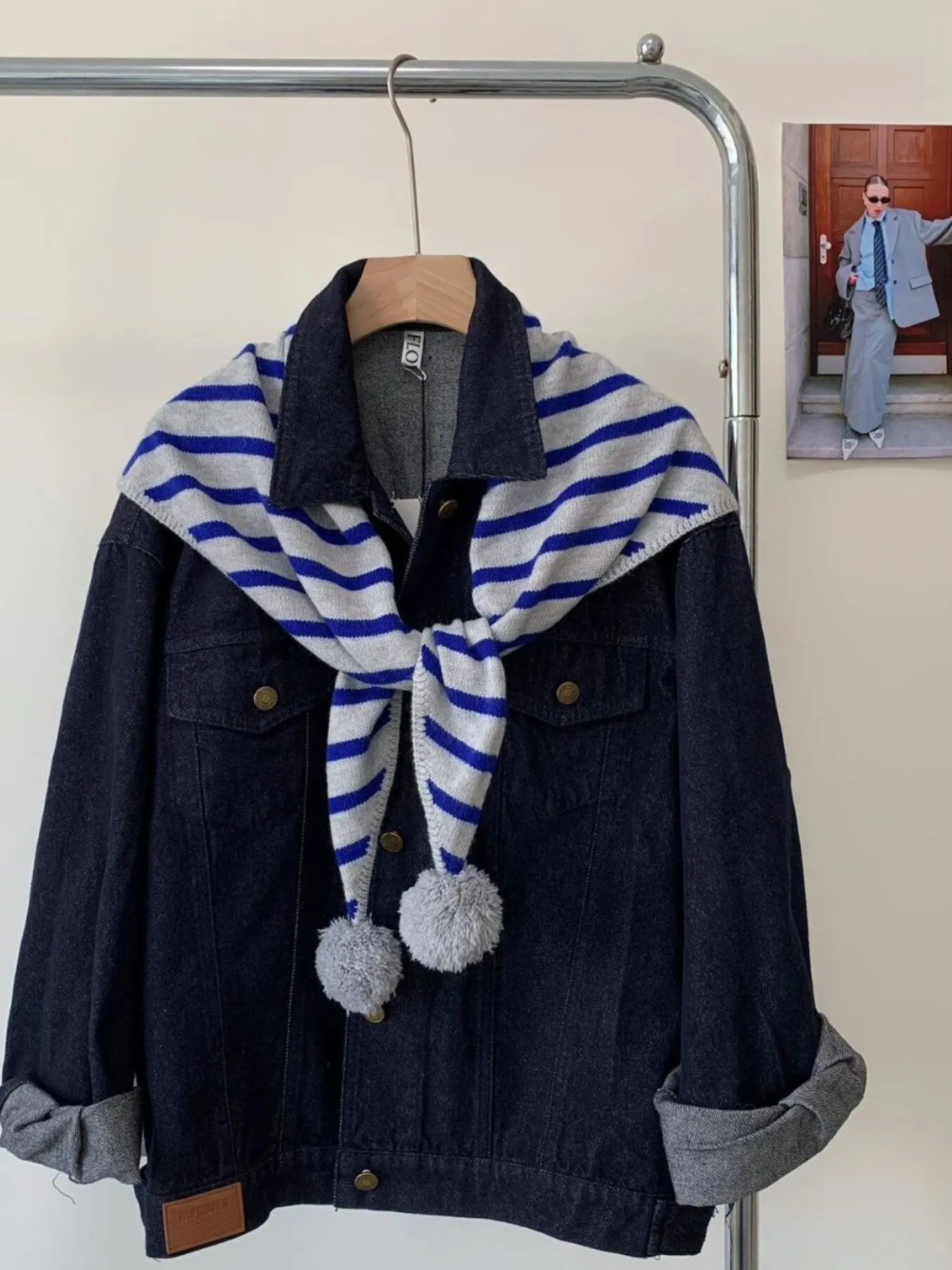 Striped Knitted Scarf with Pom-poms - Blue