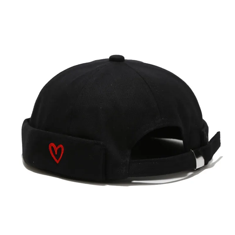 Embroidered Heart Brimless Docker Hat - Black