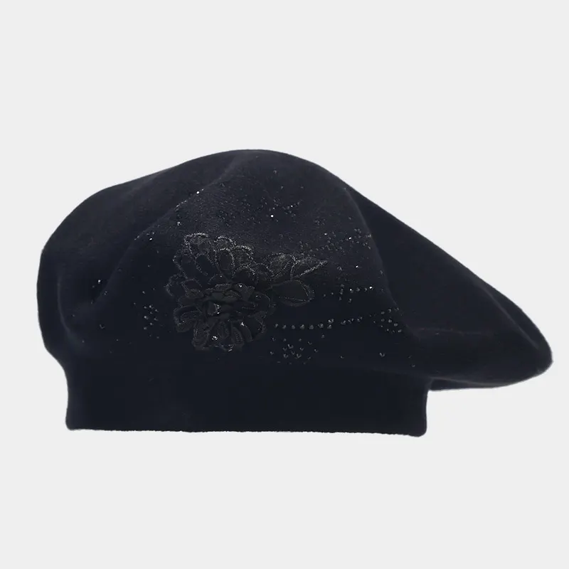 Flower Rhinestone Beret Hat - Black