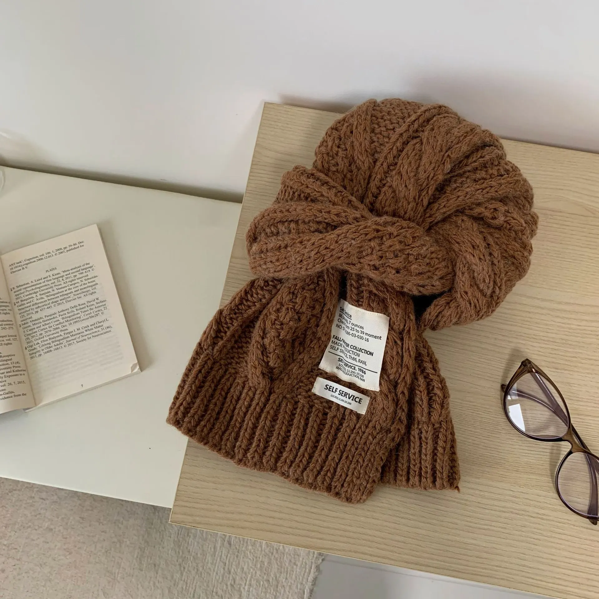 Chunky Cable Knit Scarf - Brown
