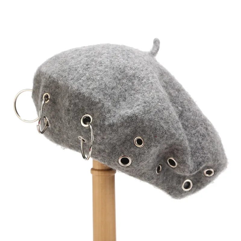 Metal Ring Embellished Beret Hat - Grey