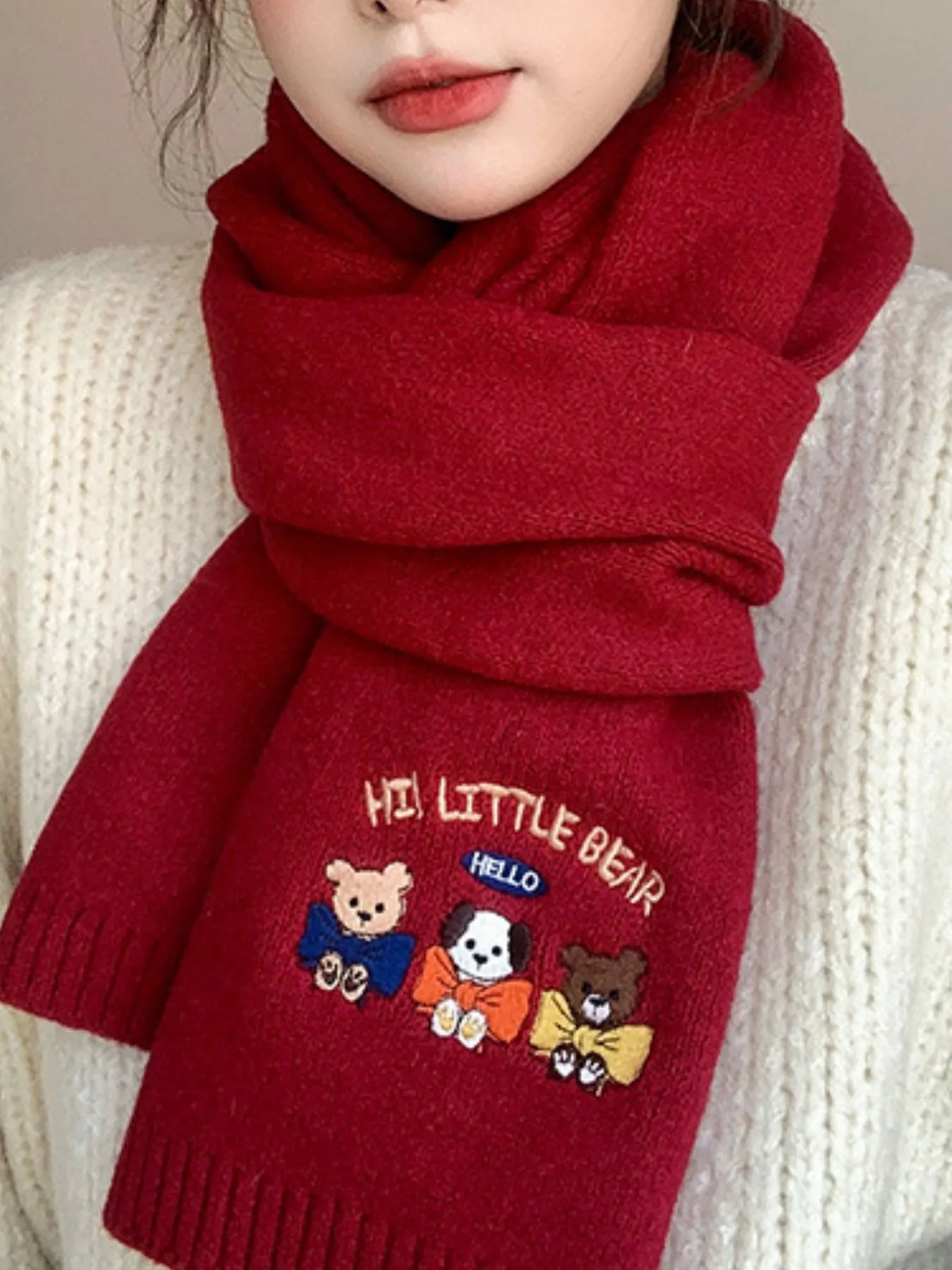 Embroidered Cartoon Warm Scarf - Red