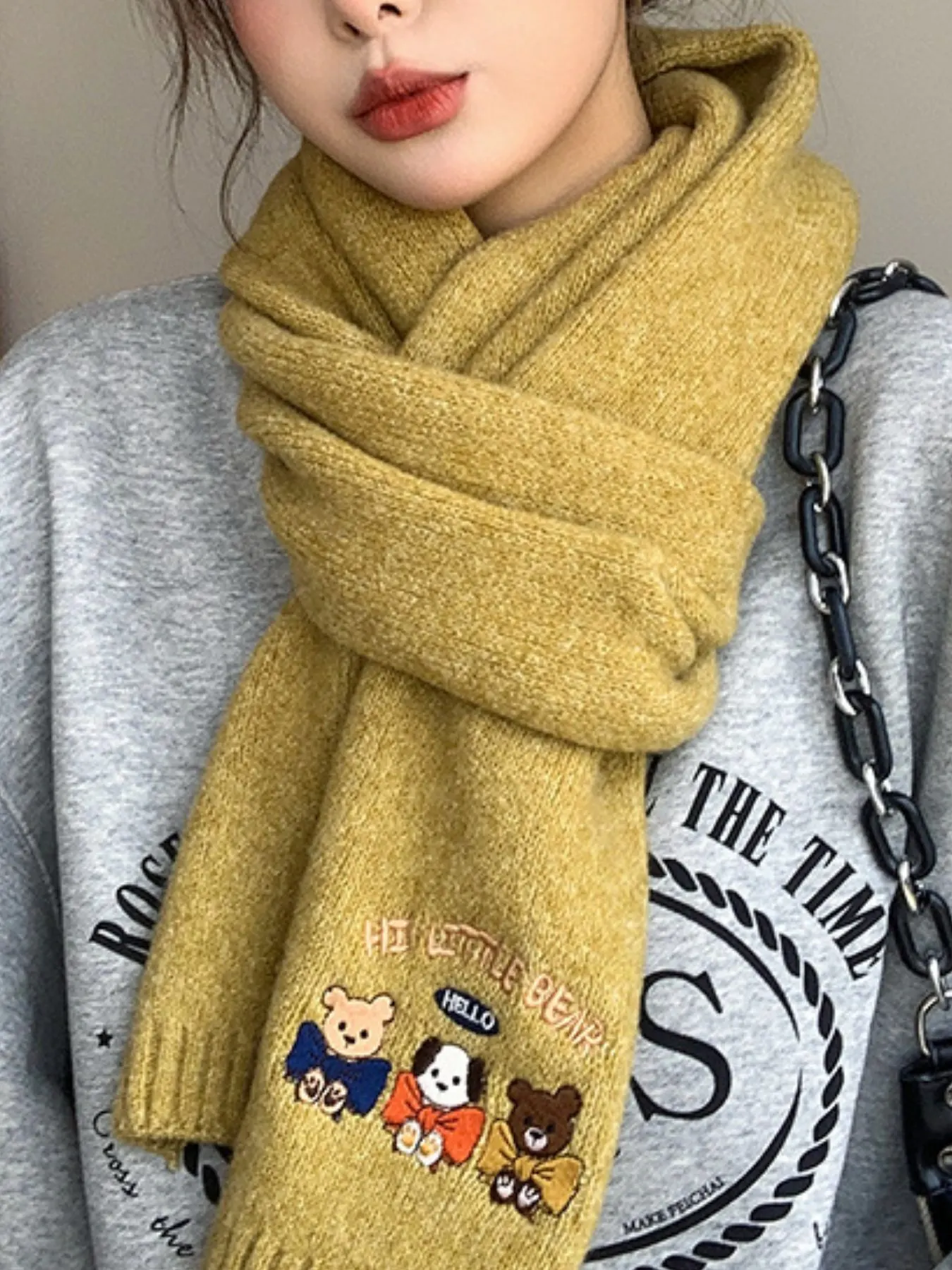 Embroidered Cartoon Warm Scarf - Yellow