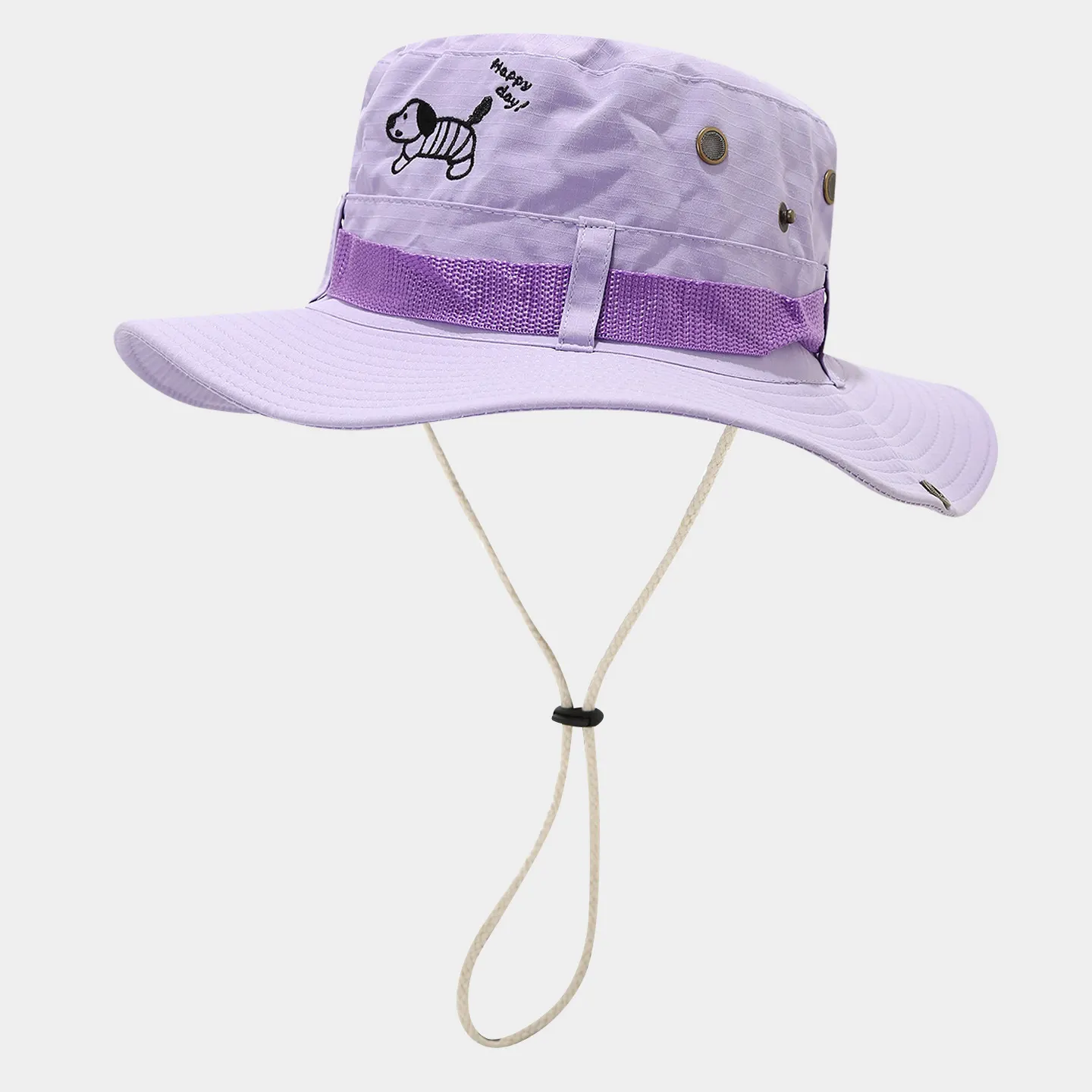 Cartoon Embroidered Sun Protection Bucket Hat - Light Purple