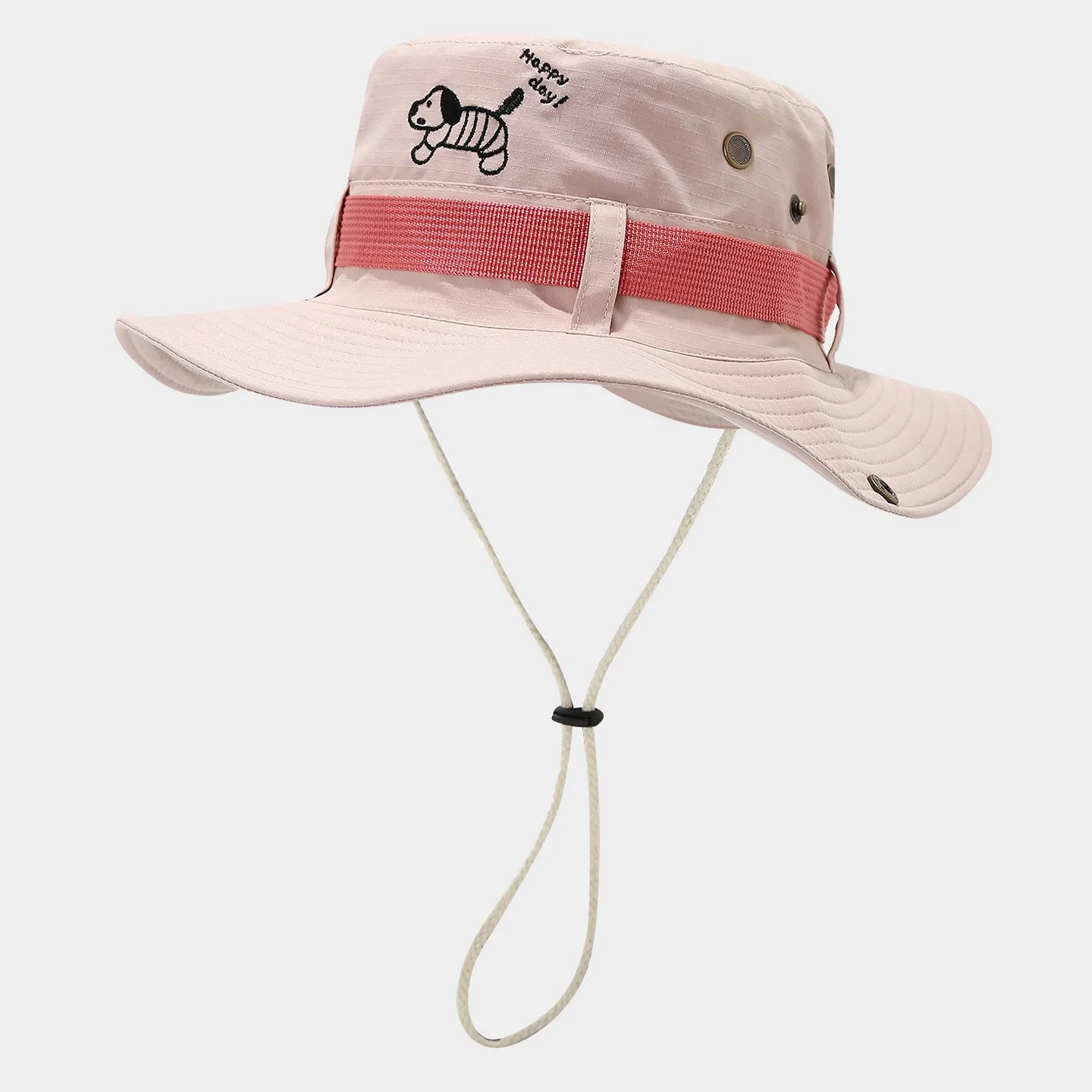 Cartoon Embroidered Sun Protection Bucket Hat - Pink