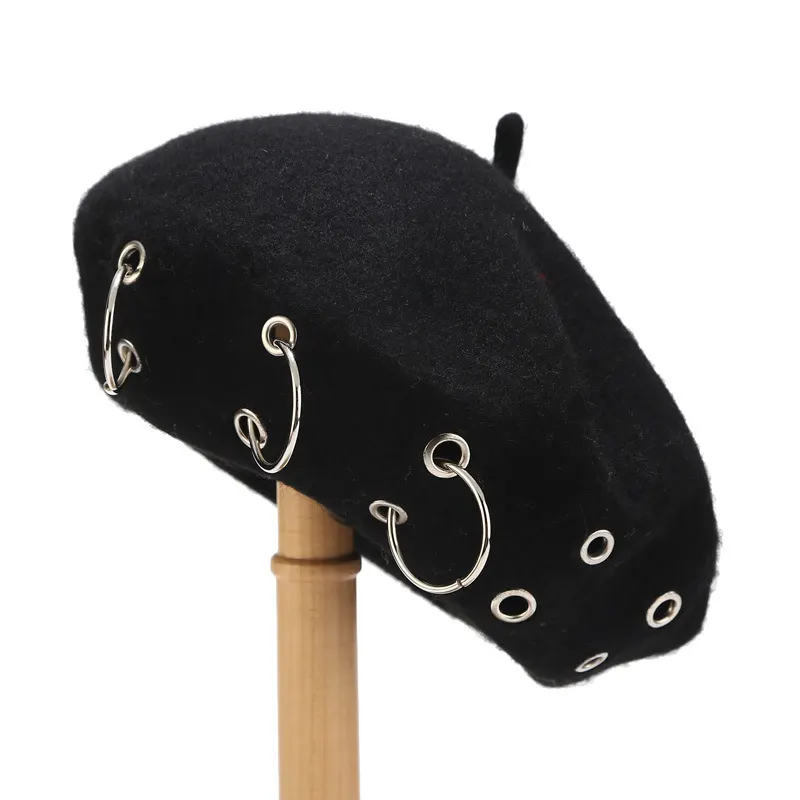 Metal Ring Embellished Beret Hat - Black