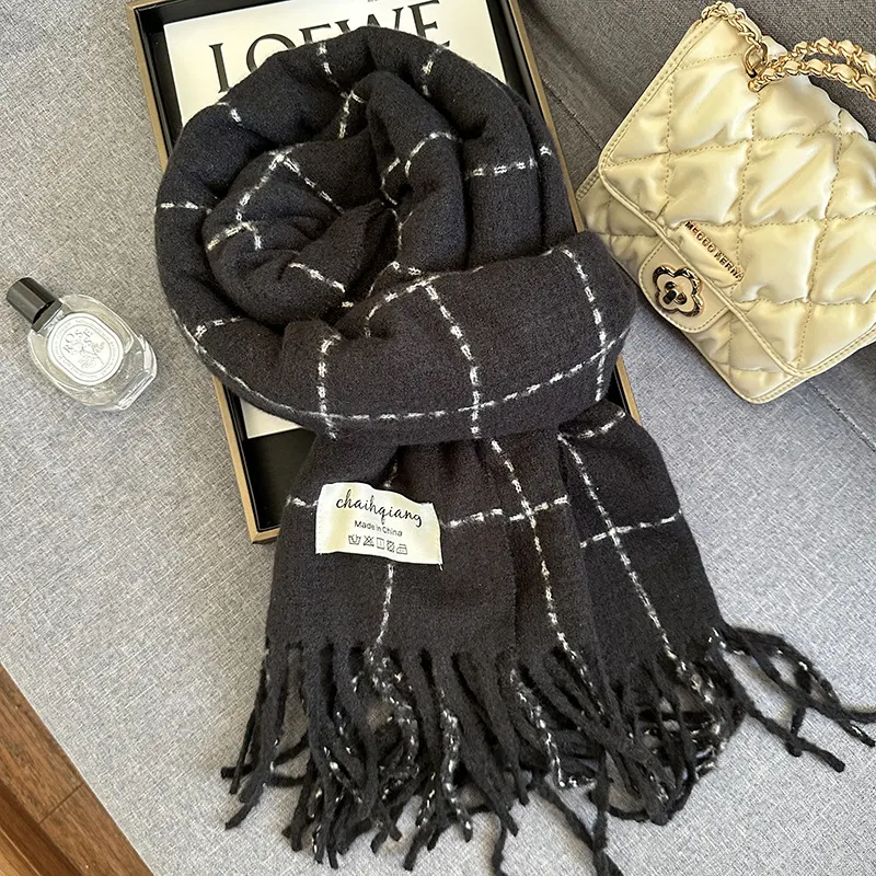 Fringe Plaid Scarf - Black