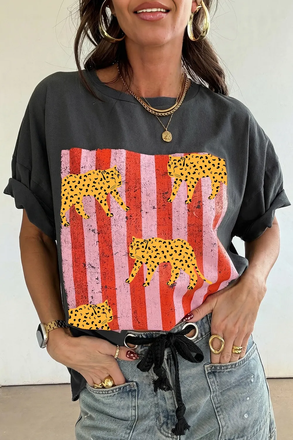 Cheetah Striped Print Retro Graphic Tee - Dark Gray