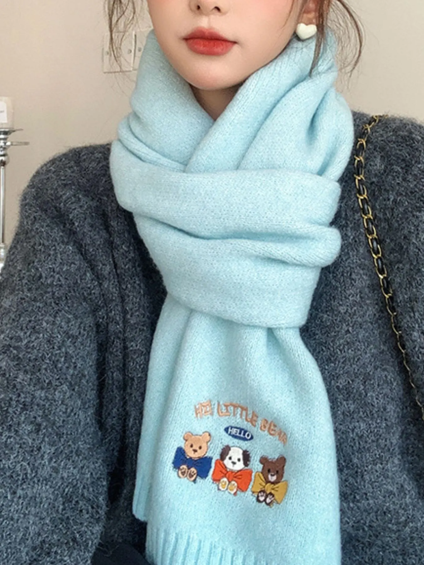 Embroidered Cartoon Warm Scarf - Lake Blue