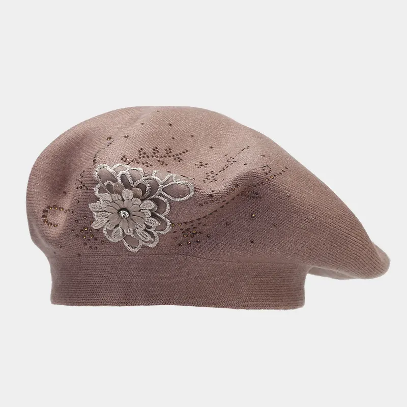 Flower Rhinestone Beret Hat - Khaki