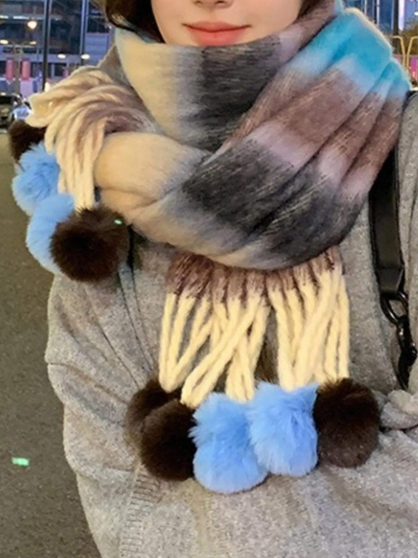 Striped Scarf with Pom-Poms - Sky Blue