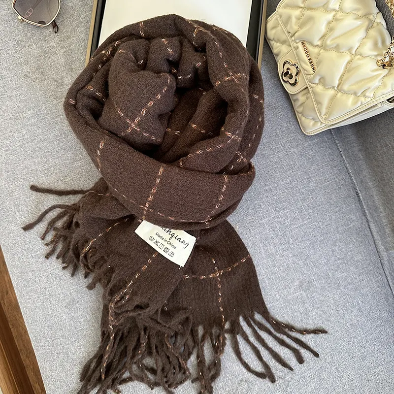Fringe Plaid Scarf - Brown