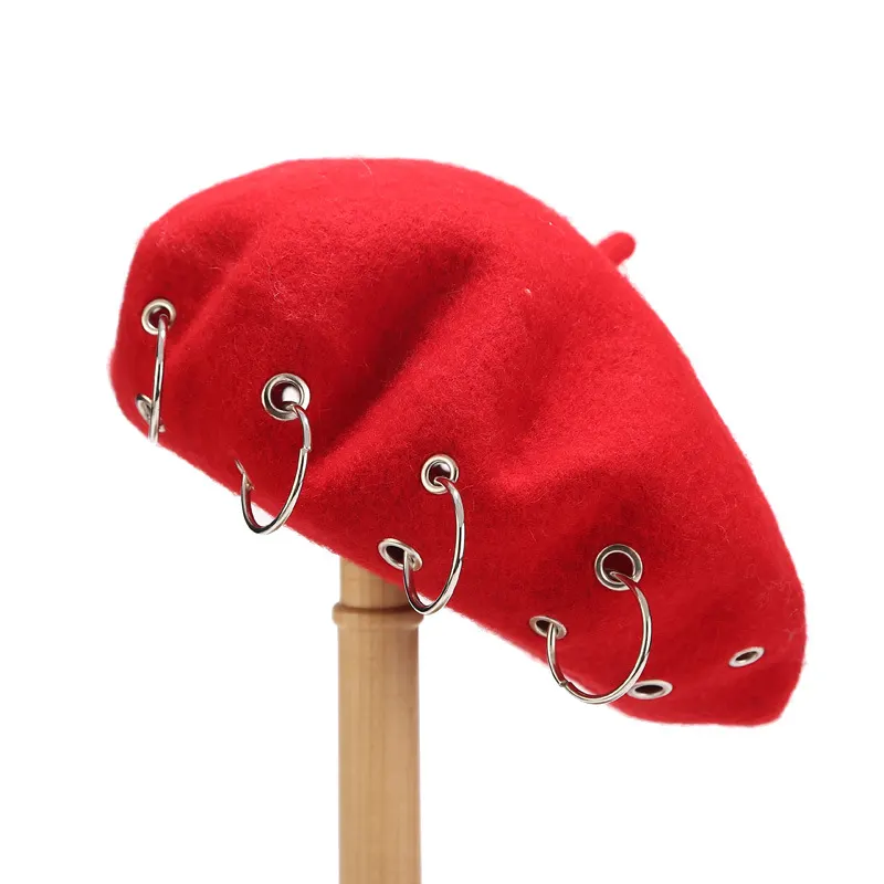 Metal Ring Embellished Beret Hat - Red