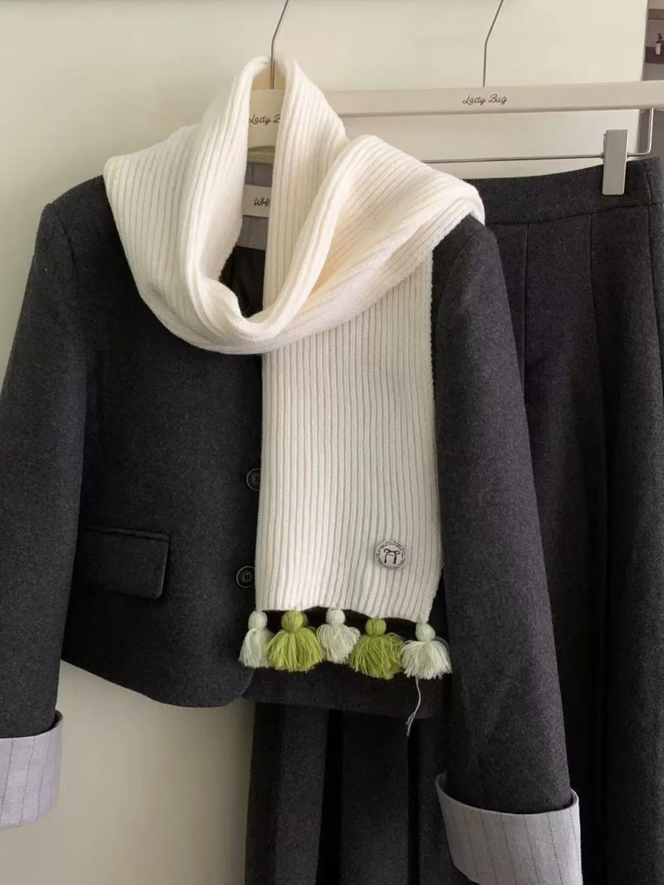 Ribbed Knit Tassel Scarf - Cream