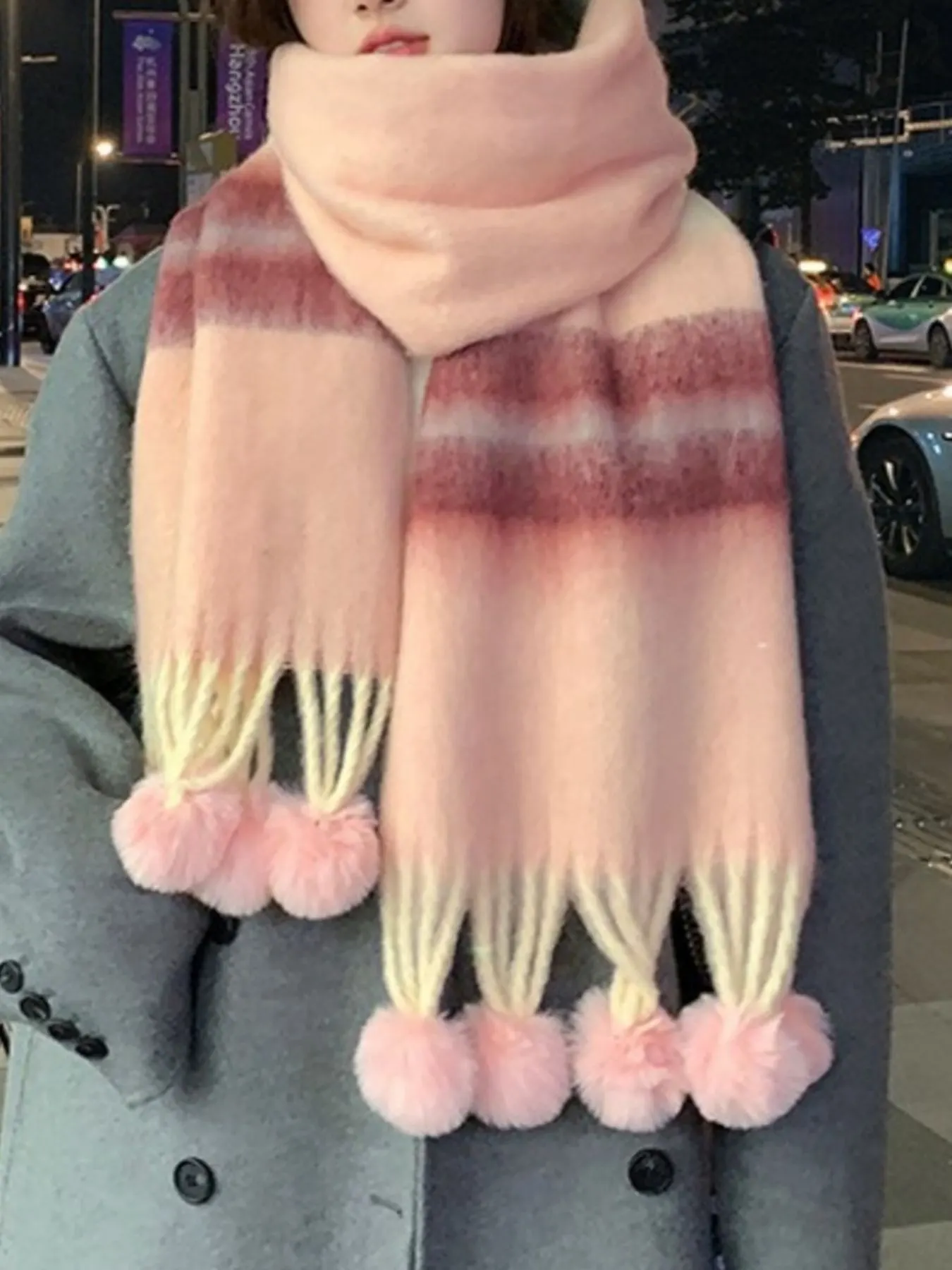 Striped Scarf with Pom-Poms - Watermelon pink
