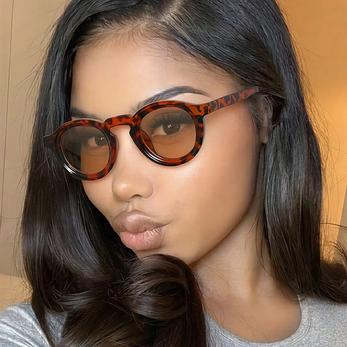 UV Protection Round Frame Sunglasses - Caramel