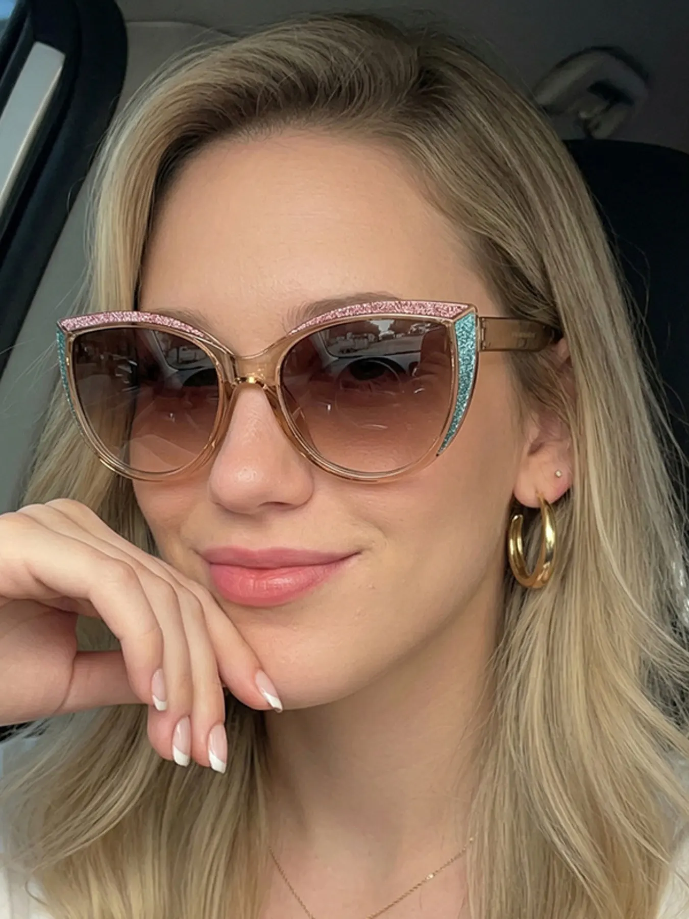 Glitter Cat-Eye Sunglasses with Tinted Lenses - Tan