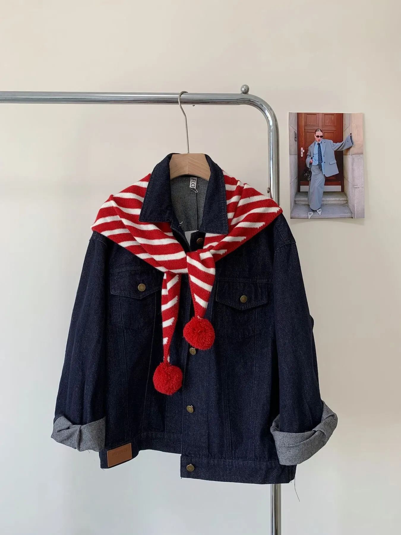 Striped Knitted Scarf with Pom-poms - Deep Red