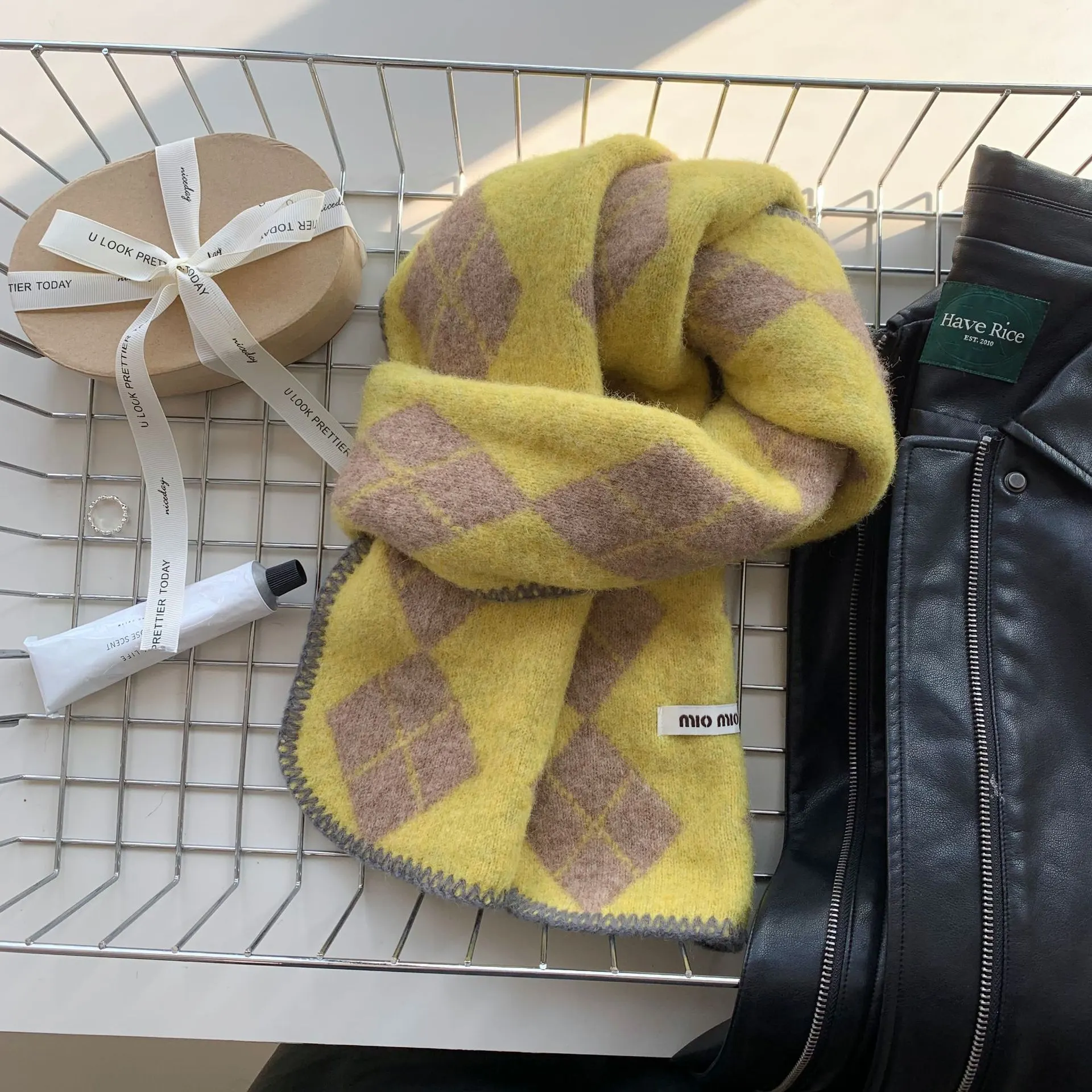 Argyle Pattern Warm Scarf - Mustard