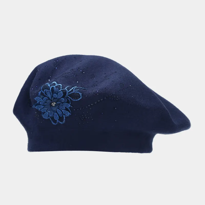 Flower Rhinestone Beret Hat - Navy Blue