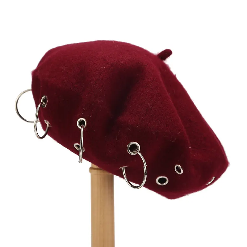 Metal Ring Embellished Beret Hat - Wine Red