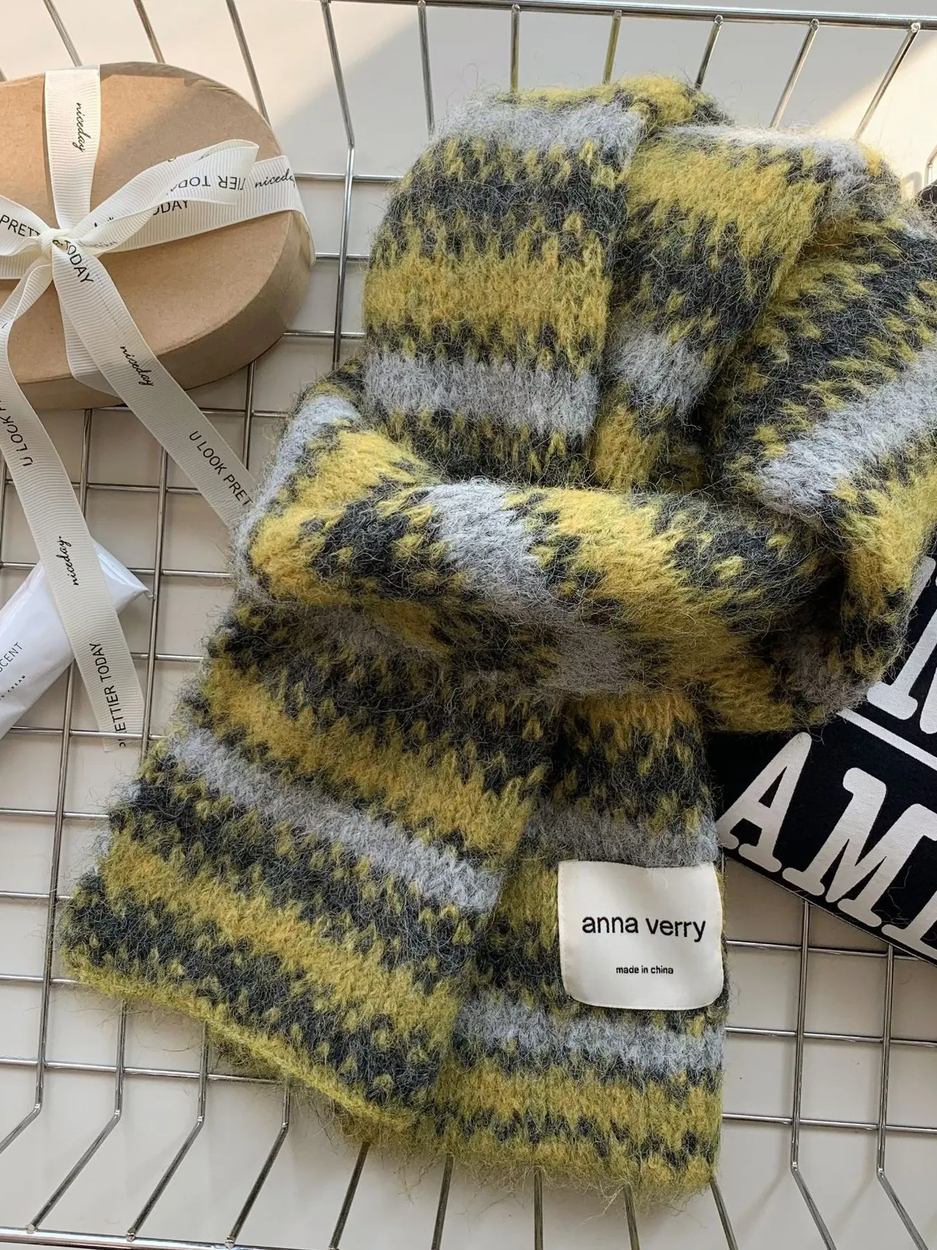 Striped Knitted Warm Scarf - Moss