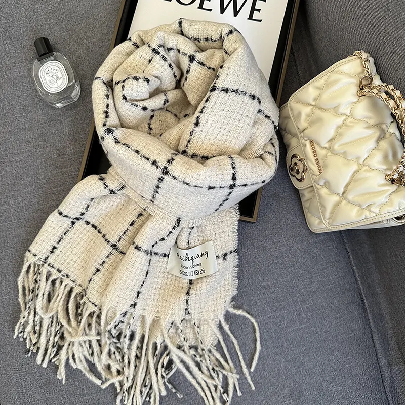 Fringe Plaid Scarf - Creamy-white
