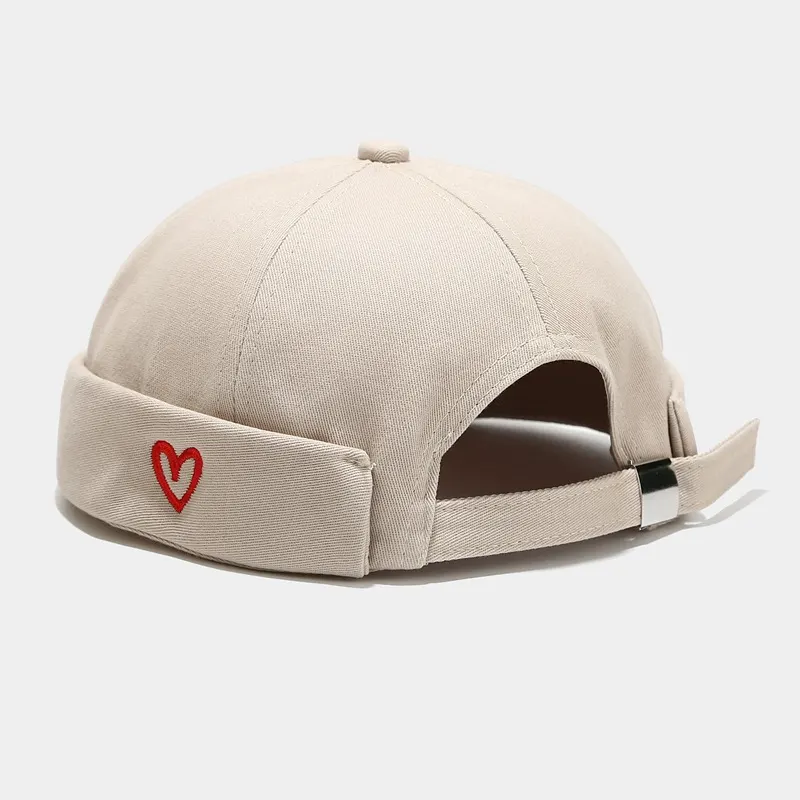 Embroidered Heart Brimless Docker Hat - Beige