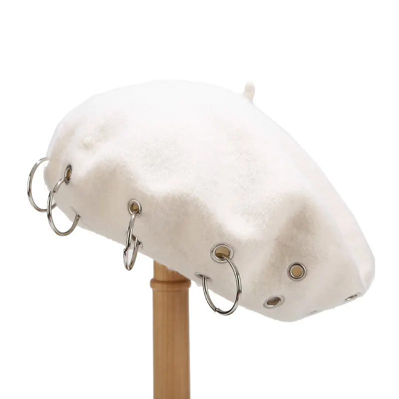 Metal Ring Embellished Beret Hat - White