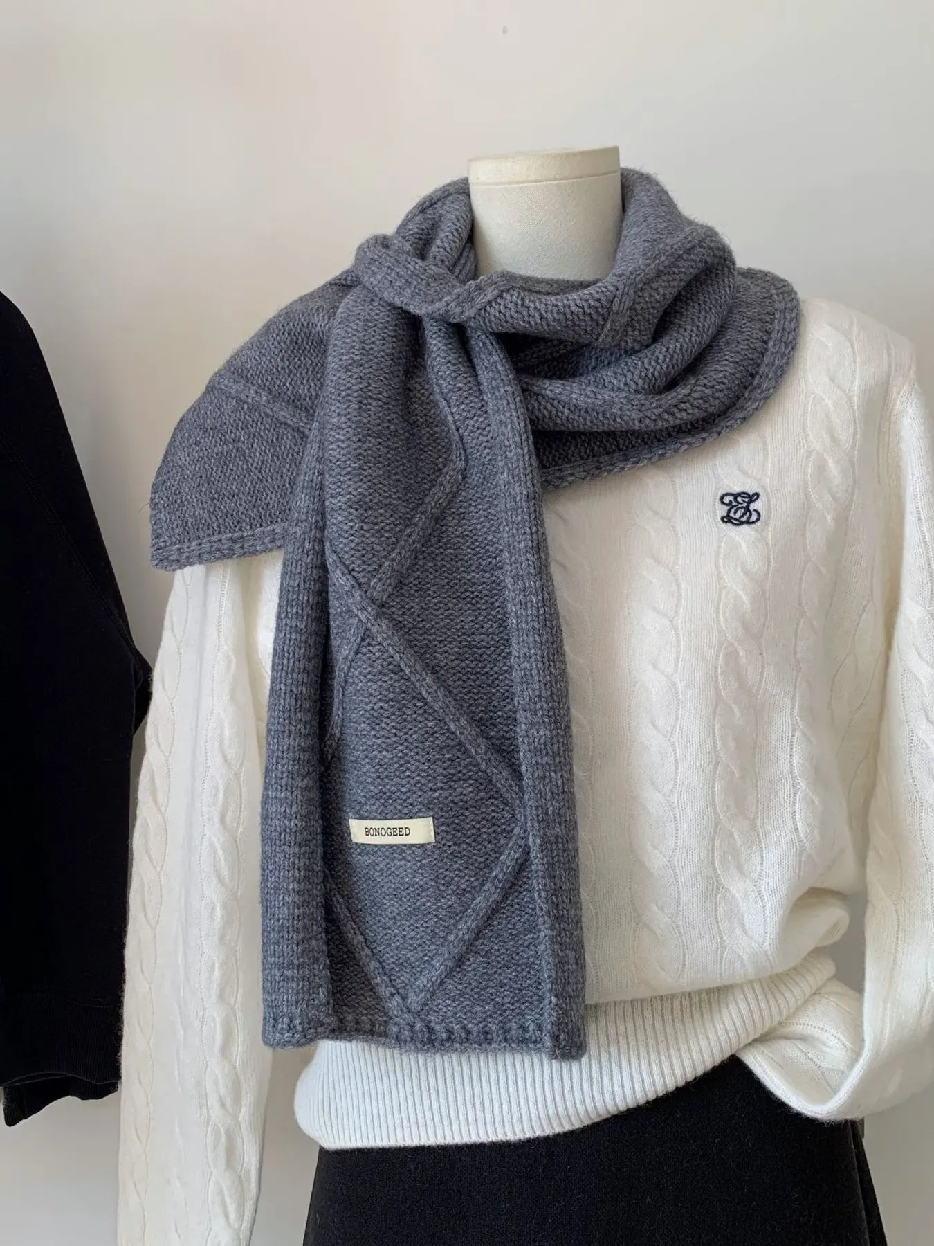 Solid Color Knitted Winter Scarf - Gray