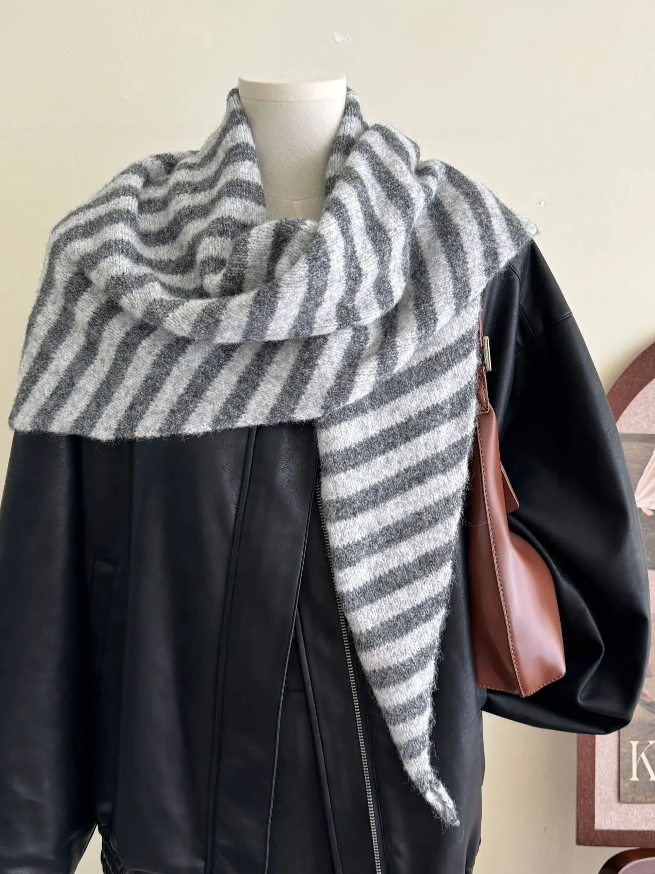 Striped Knitted Winter Scarf - Dark Gray