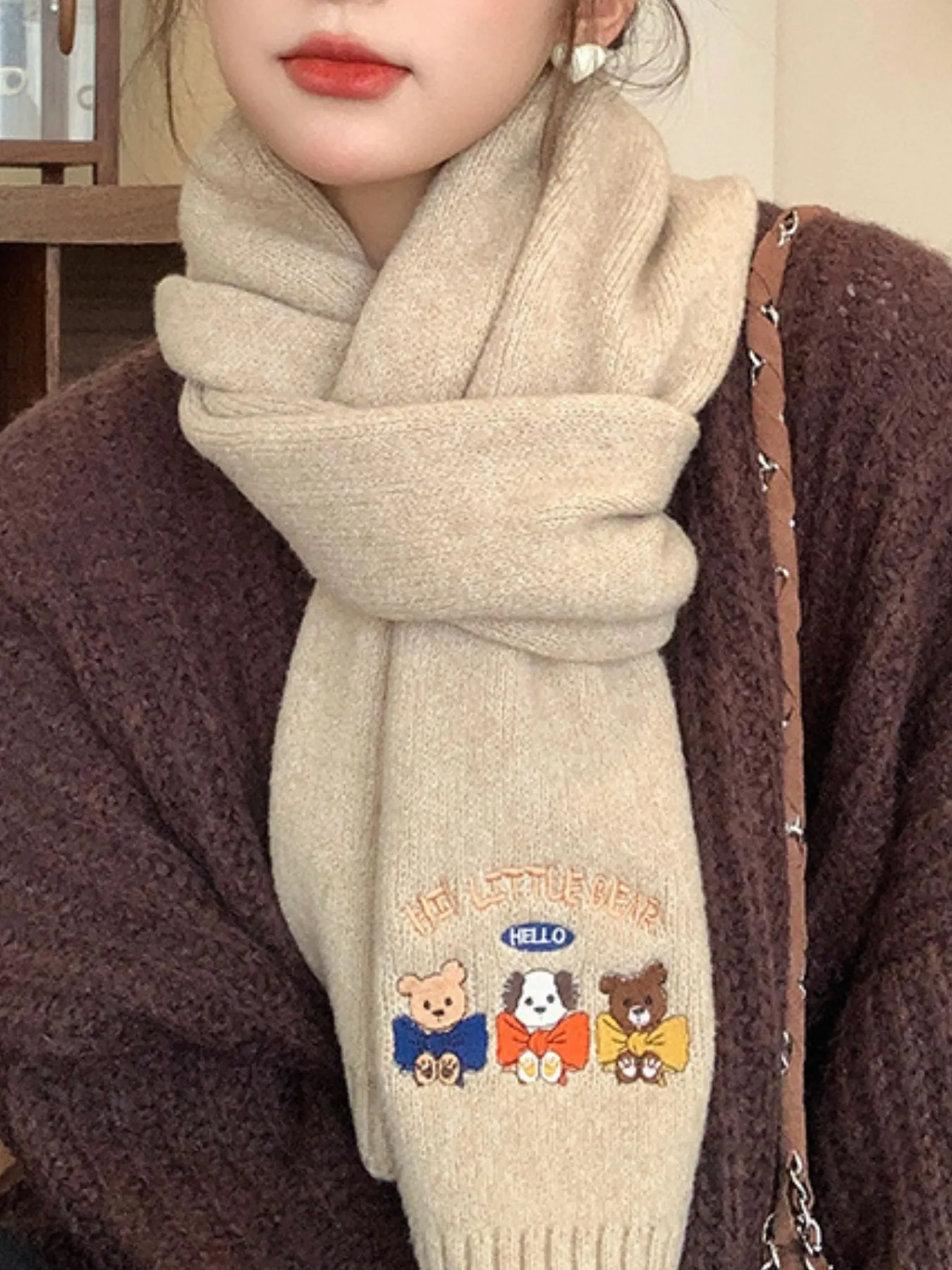 Embroidered Cartoon Warm Scarf - Beige