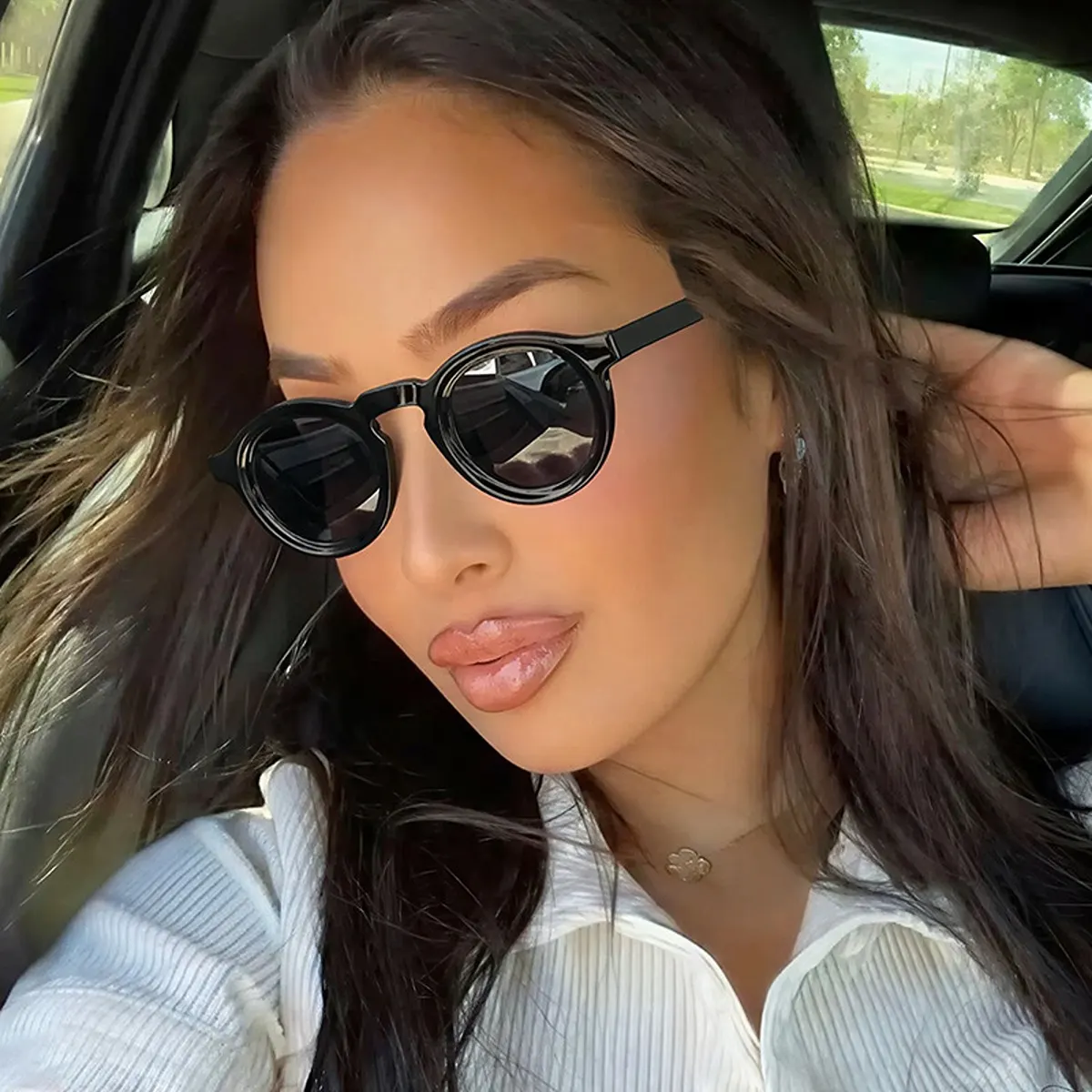 UV Protection Round Frame Sunglasses - Black