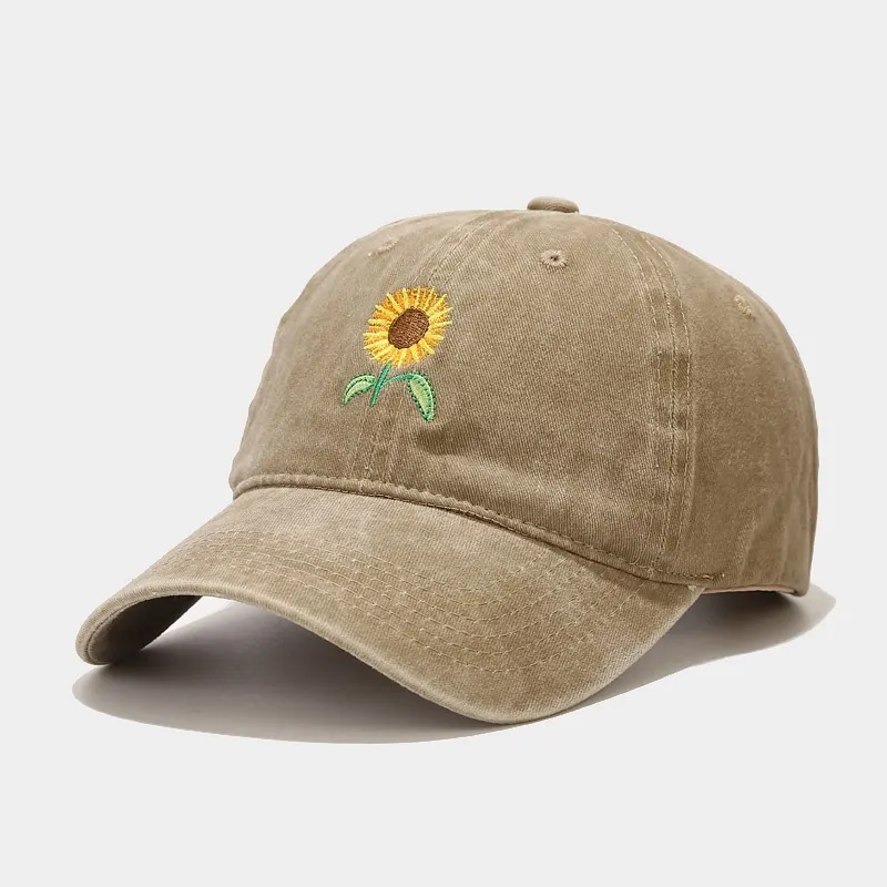 Sunflower Embroidered Baseball Cap - Khaki