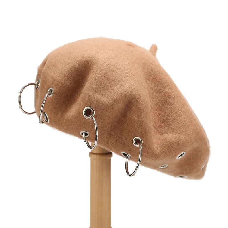 Metal Ring Embellished Beret Hat - Khaki