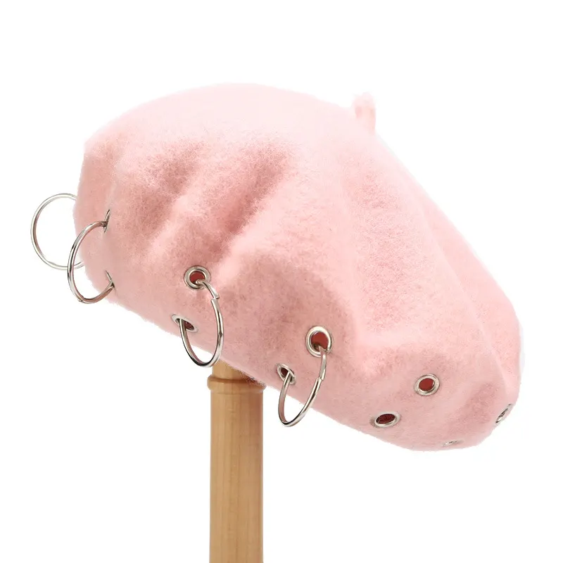 Metal Ring Embellished Beret Hat - Pink