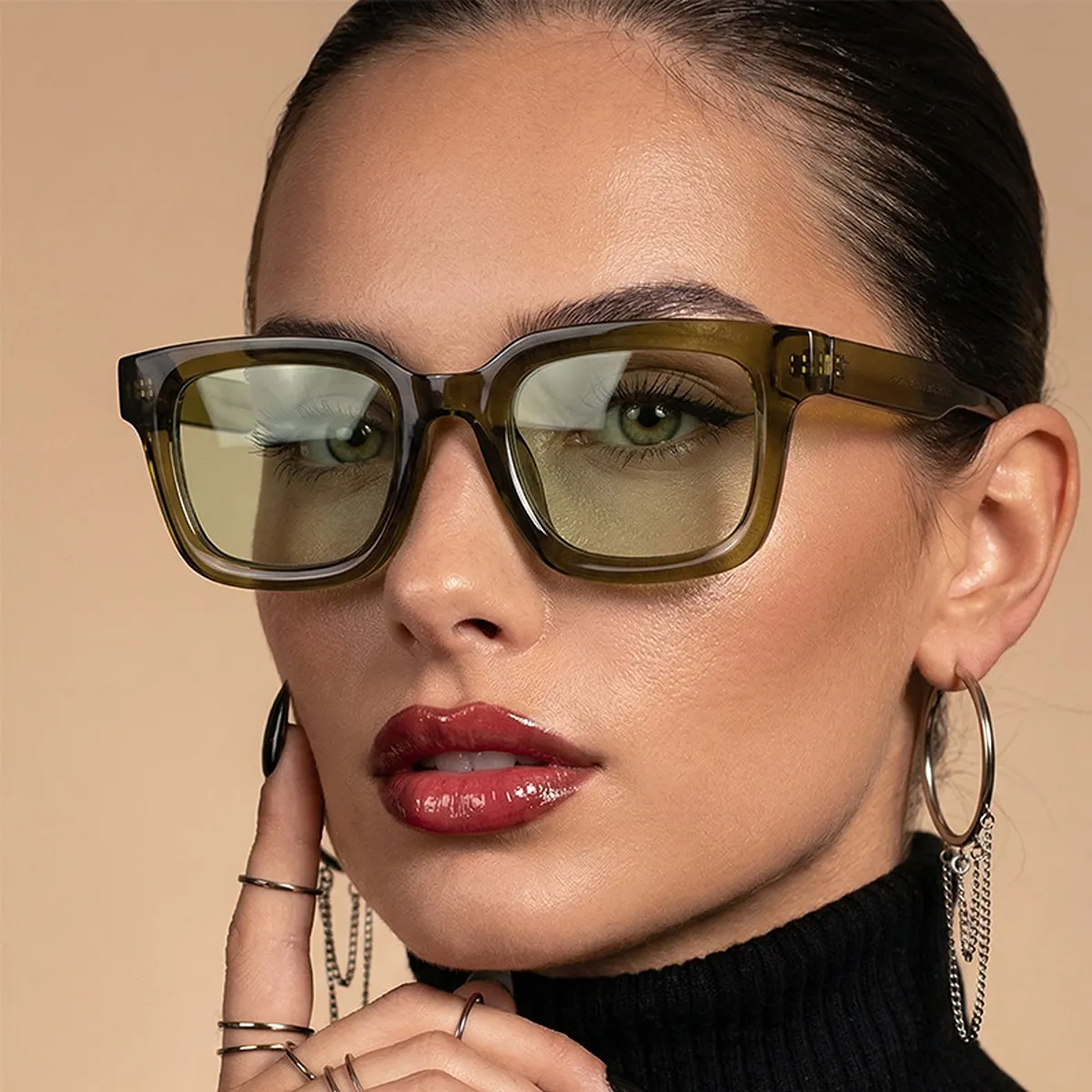 Tinted Lenses Square Frame Sunglasses - Matcha Green