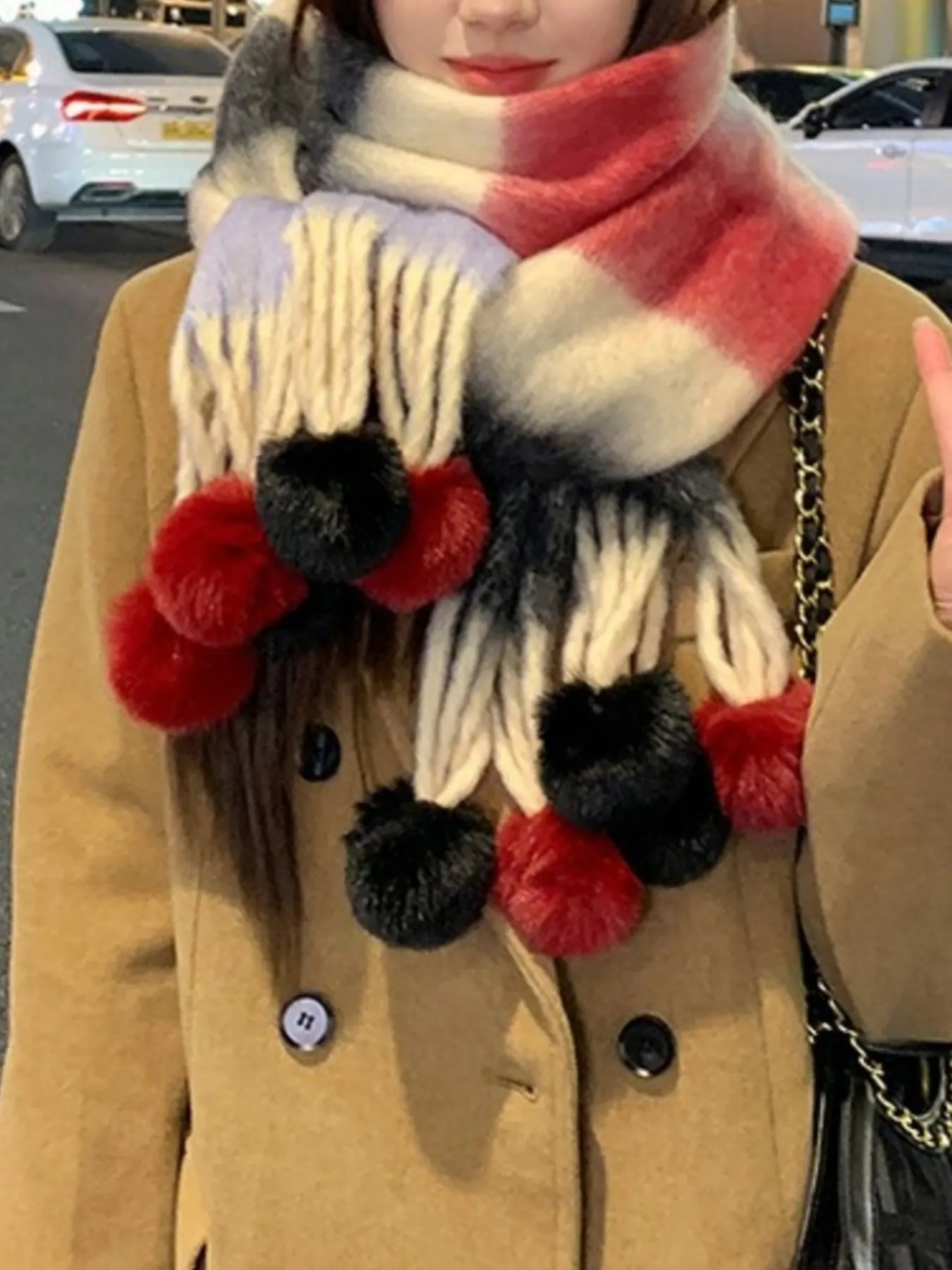Striped Scarf with Pom-Poms - Deep Red